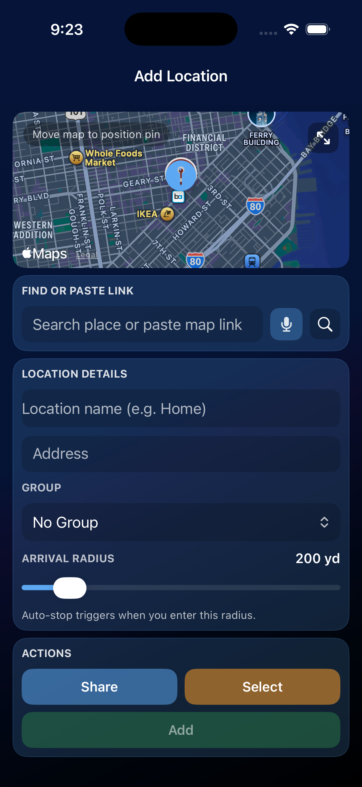 Destination editor with Apple Maps pin, place search, location details, group selection, arrival radius, and action buttons.
