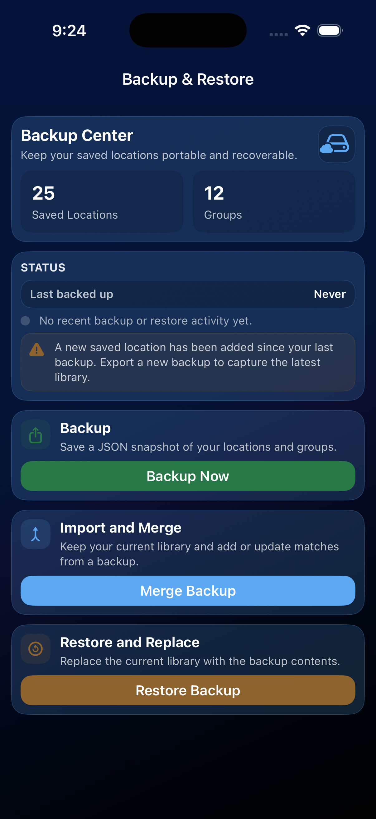 Backup and Restore screen with backup status, Backup Now, Merge Backup, and Restore Backup actions.