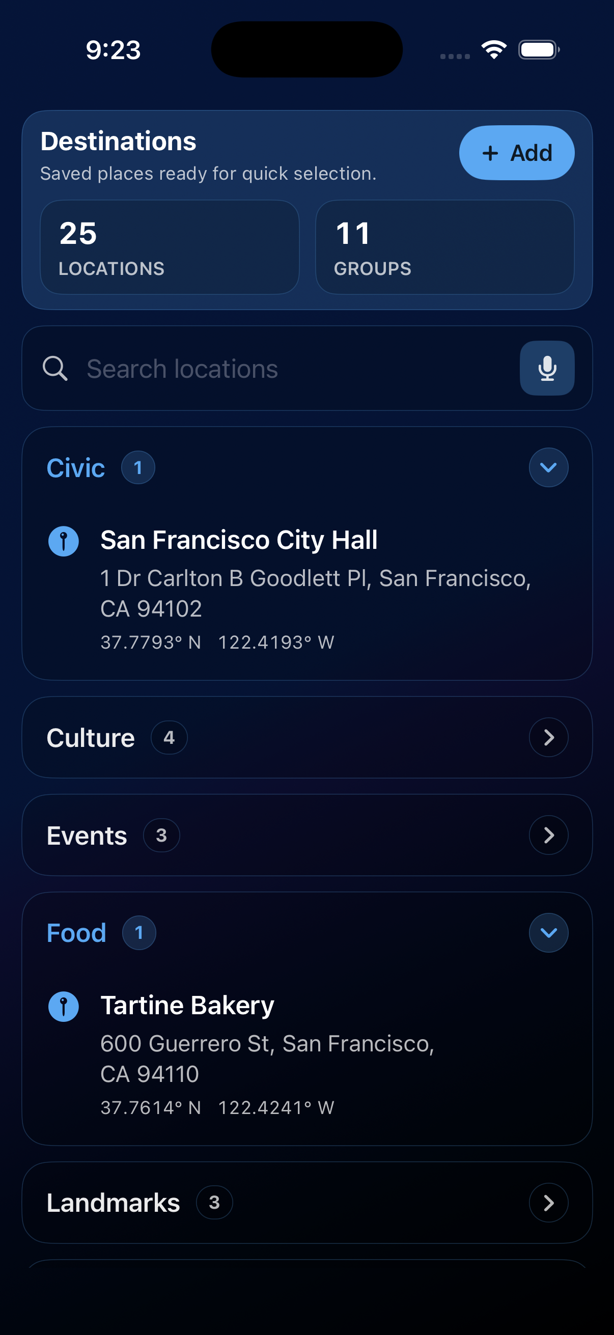 Saved destinations list with search, voice input, group counts, and grouped saved places.
