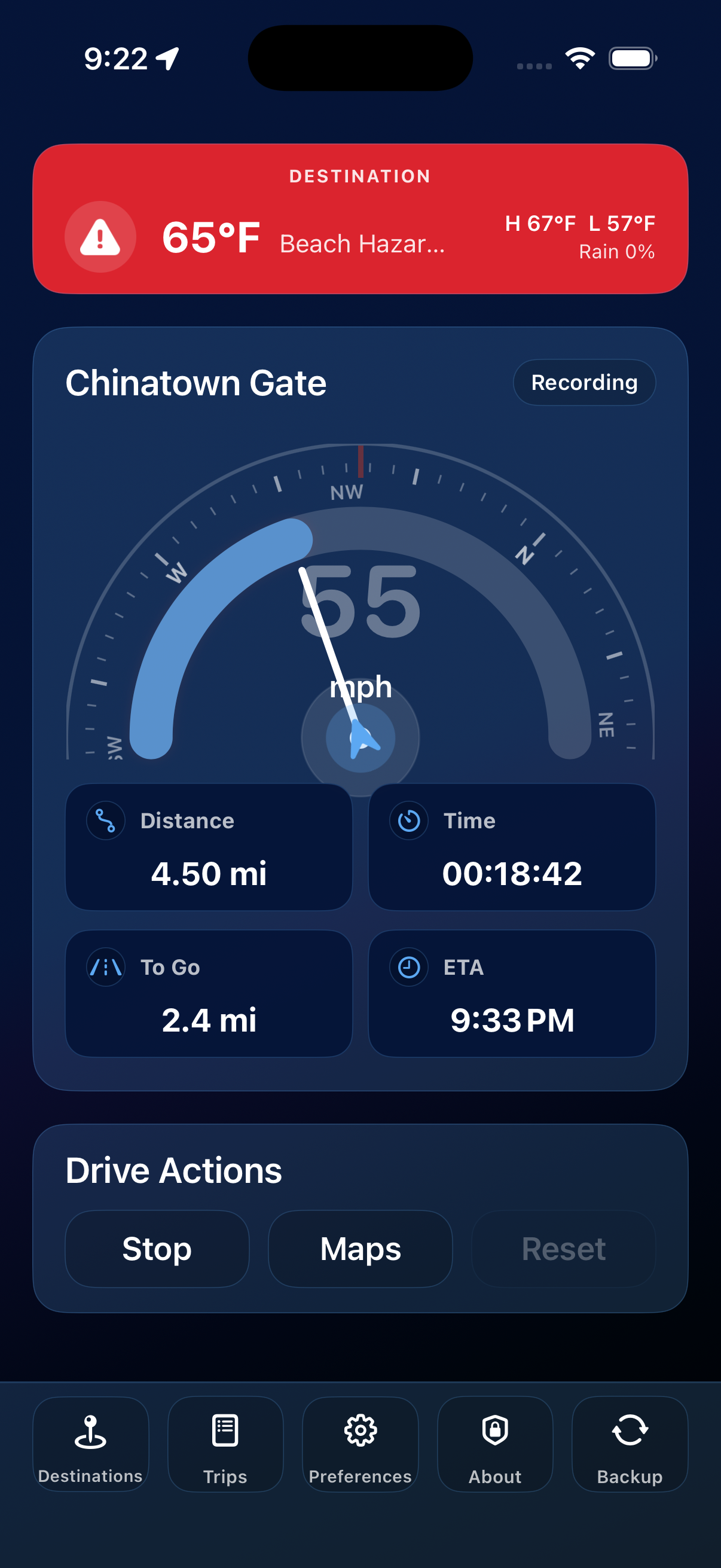 RouteLocker 2 dashboard recording a trip to Chinatown Gate with live speed, compass, trip metrics, destination weather warning, and bottom navigation.