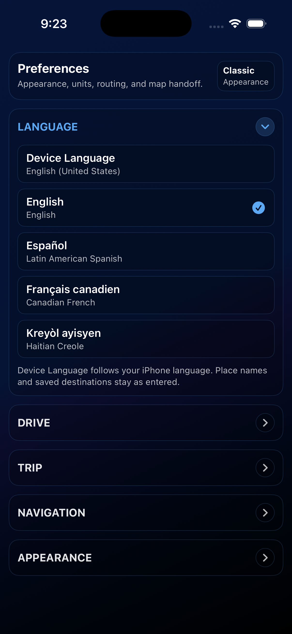 Preferences screen with language options, drive, trip, navigation, and appearance sections.