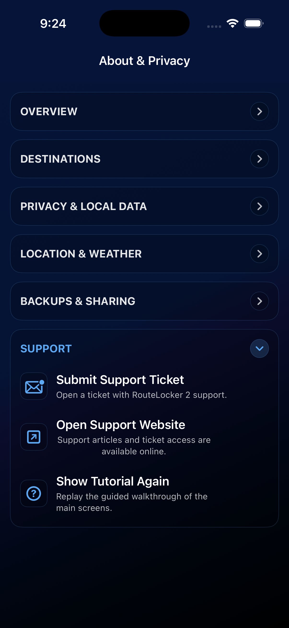 About and Privacy screen with privacy, local data, location, weather, backup, sharing, and support sections.