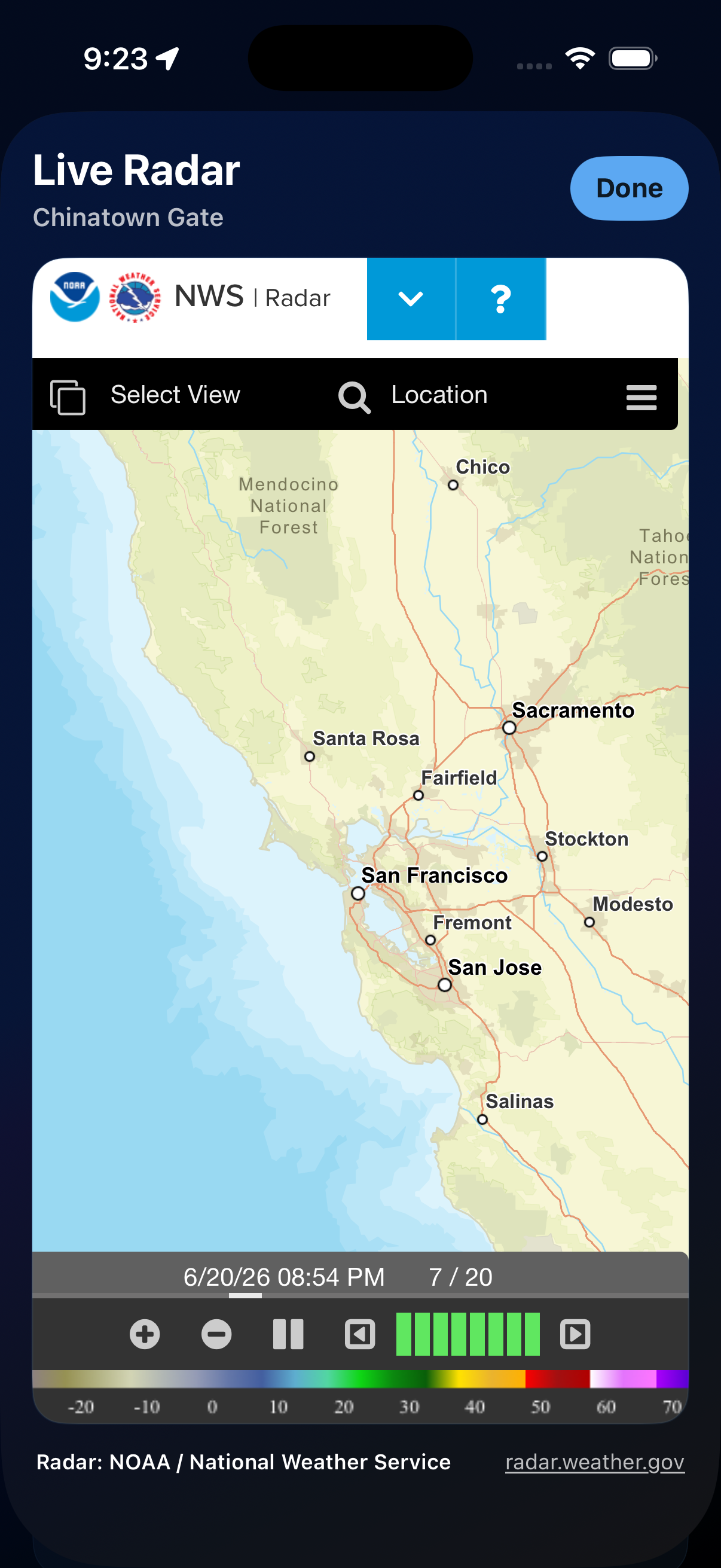 Live Radar screen for Chinatown Gate showing NOAA National Weather Service radar, playback controls, and radar attribution.
