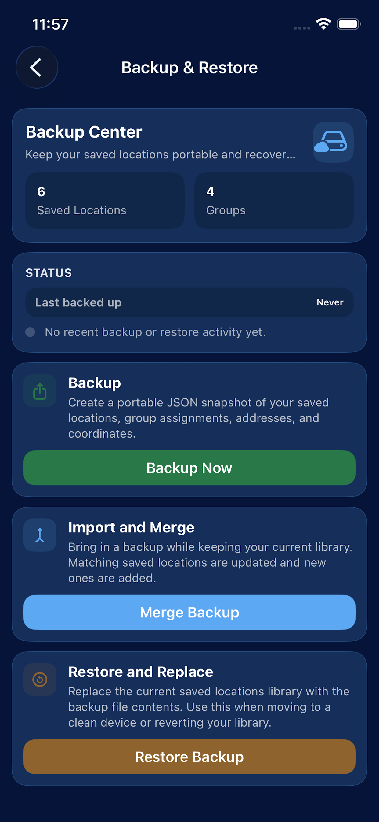 Backup and restore screen