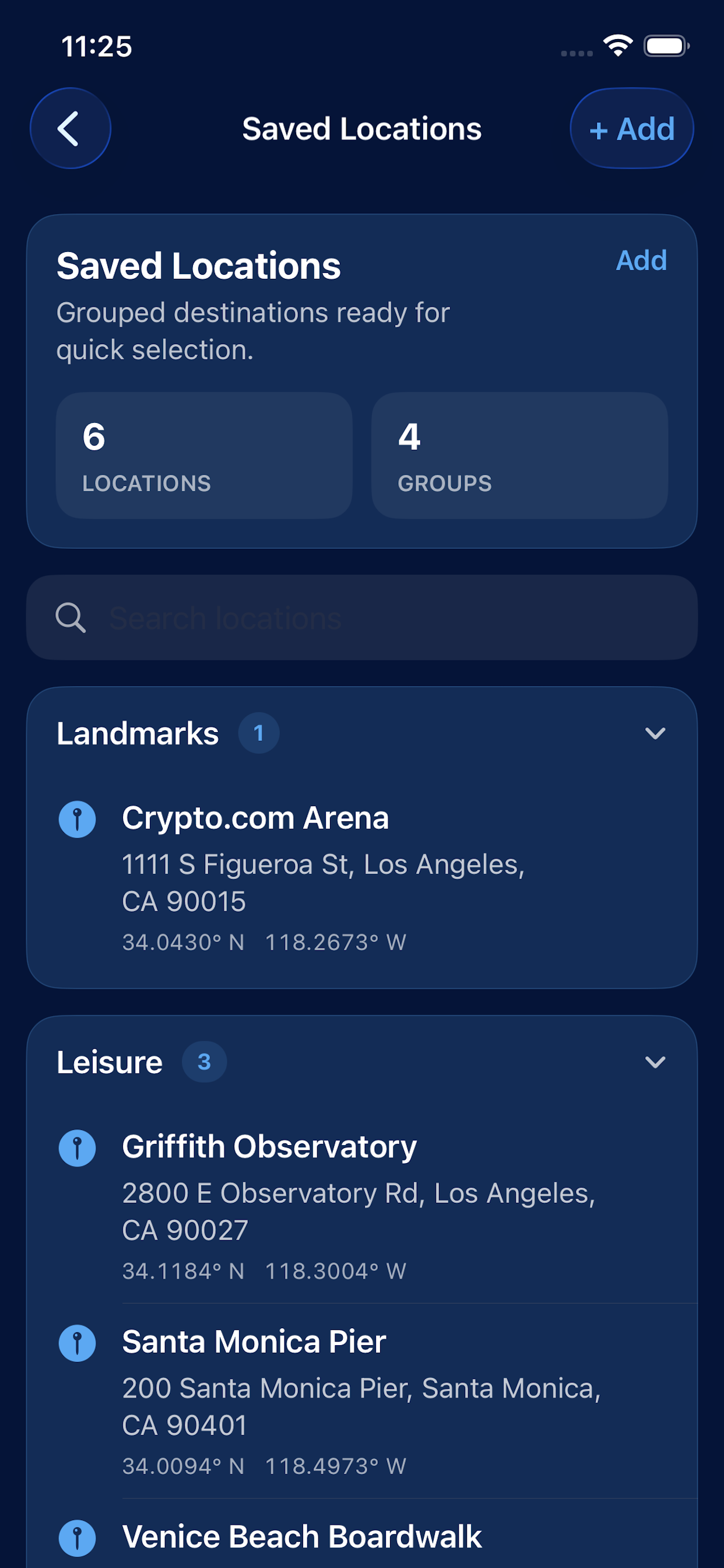 Saved locations screen showing grouped destinations