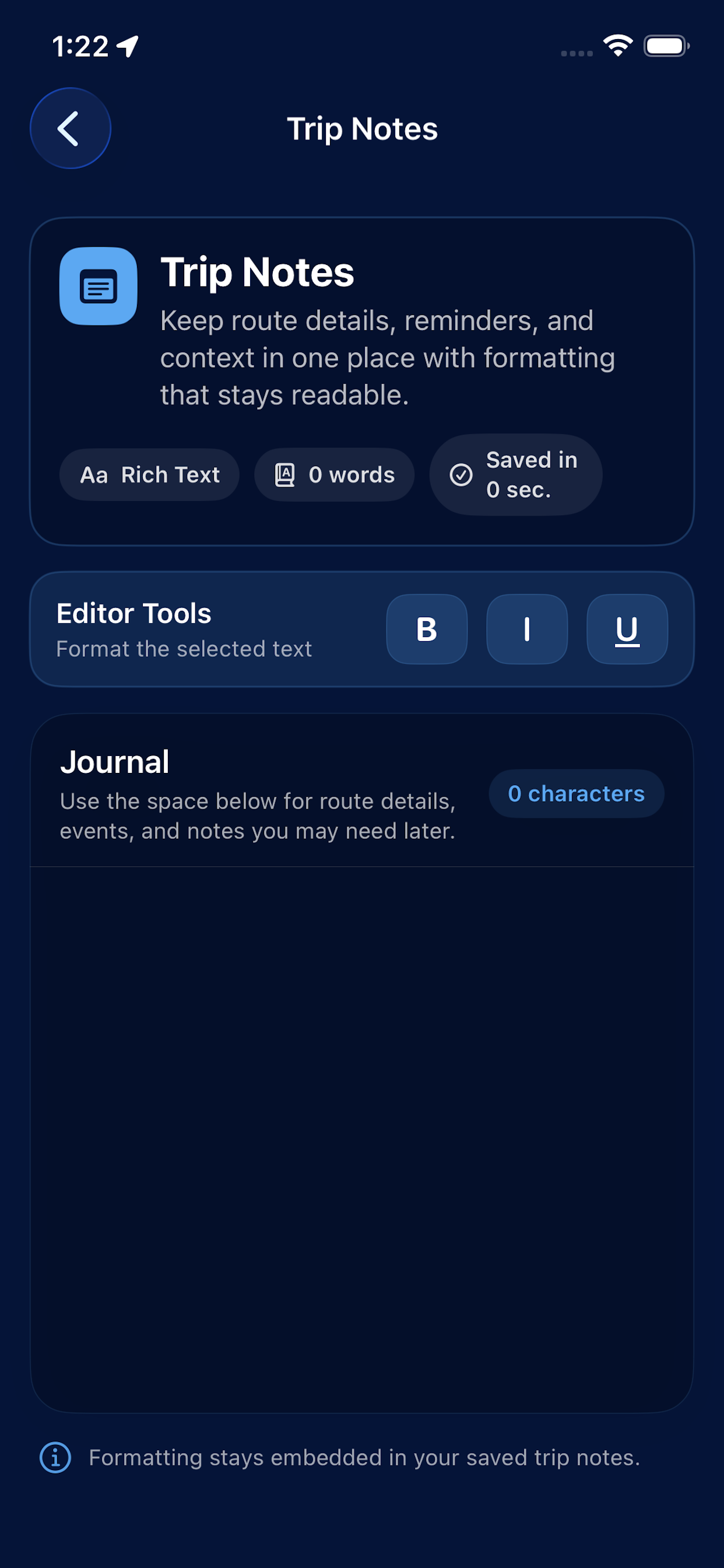 Trip notes screen