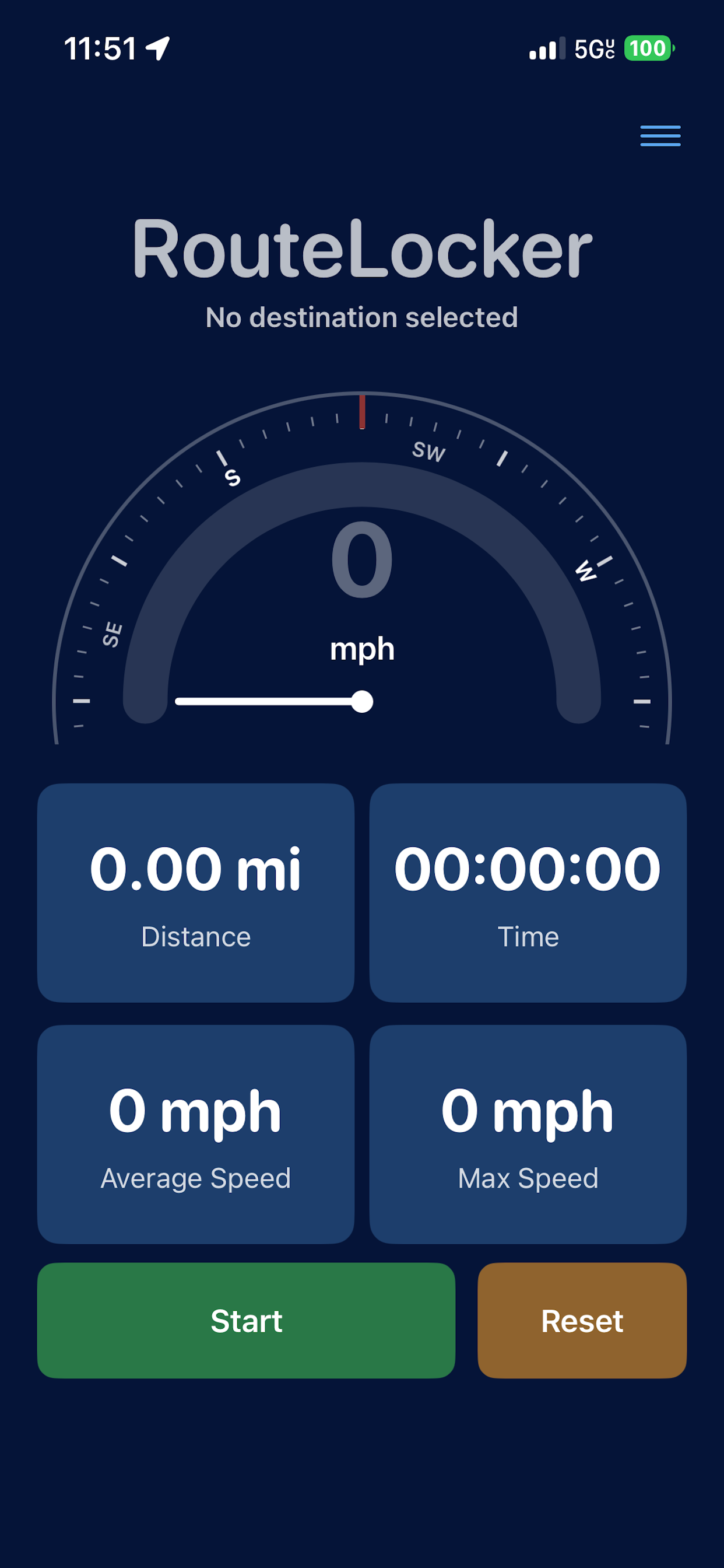 RouteLocker dashboard showing current speed and trip controls